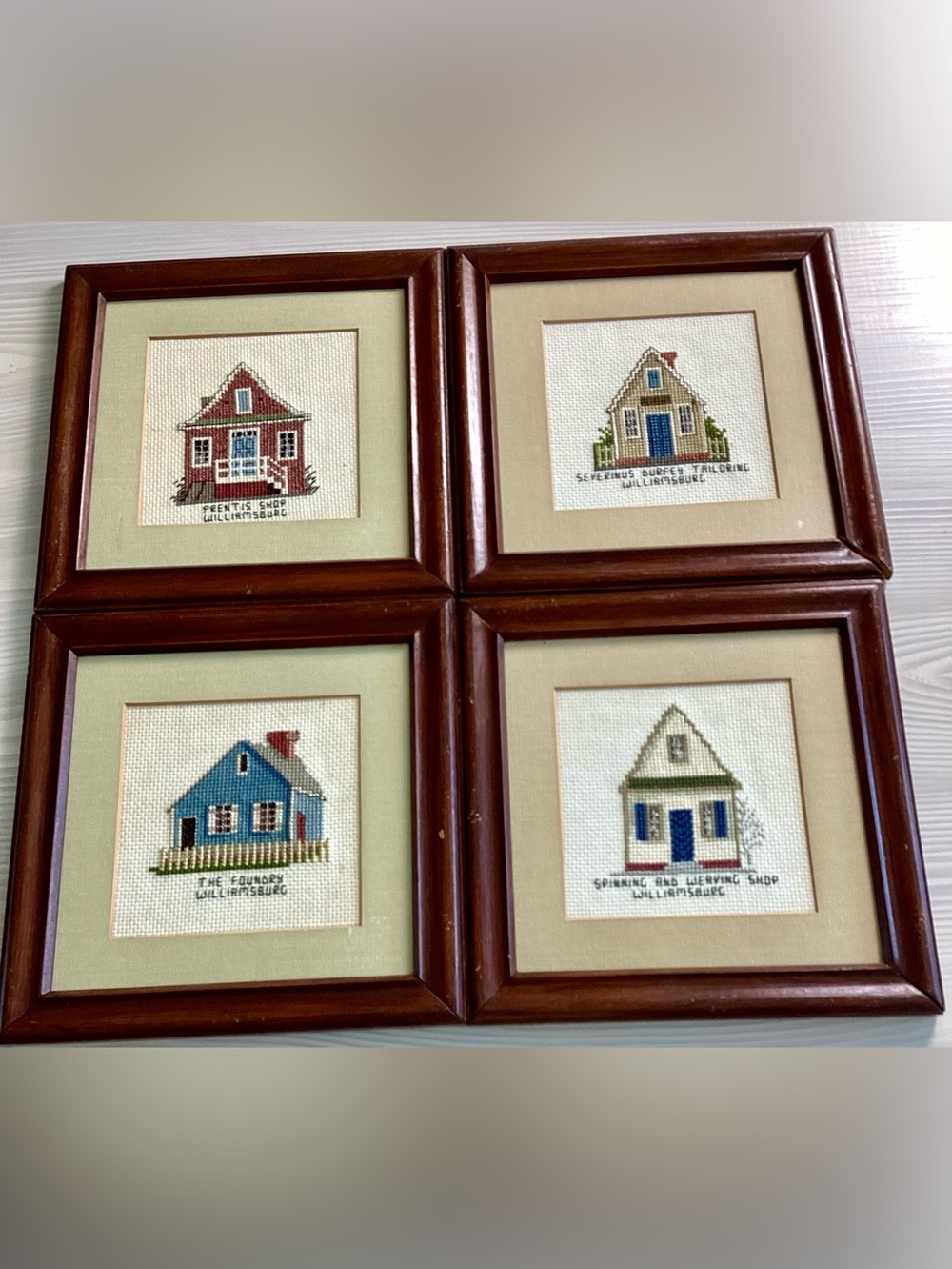 Vintage Colonial Williamsburg Cross Stitch Sampler Set of 4 Framed Folk Art 1982